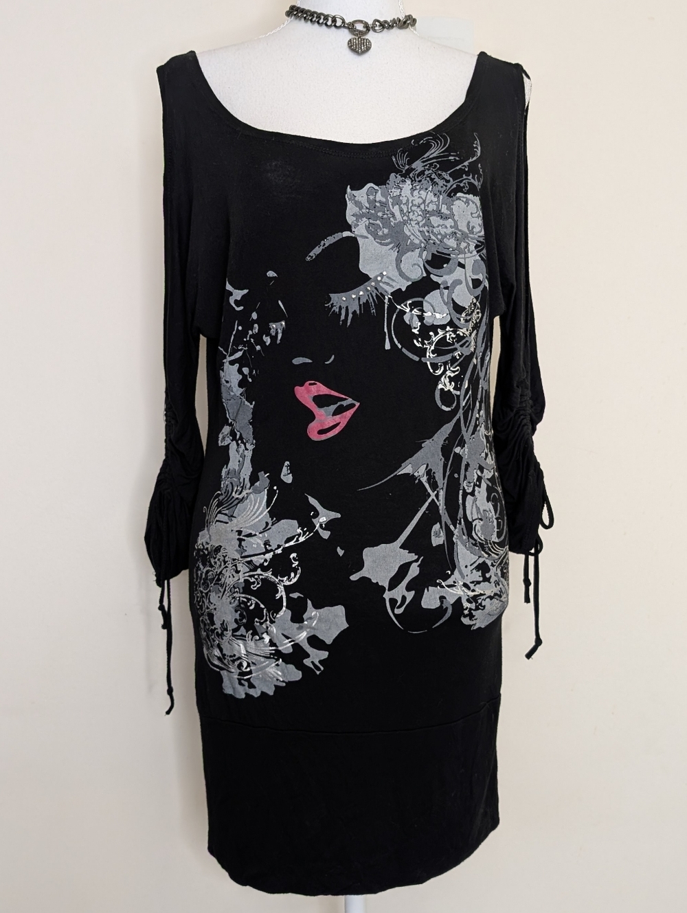 Black Graphic Mini Dress with Pink Lips Face Print
